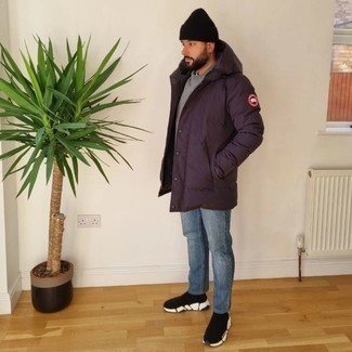 Men's Burgundy Puffer Coat, Grey Crew-neck Sweater, Blue Jeans, Black and White Athletic Shoes
