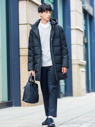 Black Canvas Briefcase Outfits: This casual street style pairing of a black puffer coat and a black canvas briefcase can only be described as outrageously dapper. If you want to feel a bit fancier now, add black leather derby shoes to the equation.