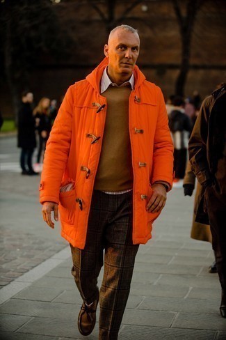 Brown Leather Desert Boots Outfits: If you're facing a fashion situation where comfort is crucial, this pairing of an orange puffer coat and dark brown plaid wool chinos is a winner. Brown leather desert boots tie the ensemble together.