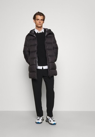 White and Black Athletic Shoes Outfits For Men: If you gravitate towards laid-back outfits, why not make a black puffer coat and black chinos your outfit choice? Not sure how to finish? Add a pair of white and black athletic shoes to the mix to jazz things up.