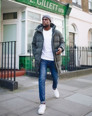 Puffer Coat Outfits For Men: If you're looking to take your off-duty look to a new level, try pairing a puffer coat with blue jeans. White canvas low top sneakers integrate effortlessly within many getups.