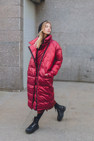 Women's Red Puffer Coat, Black Hoodie, Red Print Midi Skirt, Black Leather Lace-up Flat Boots