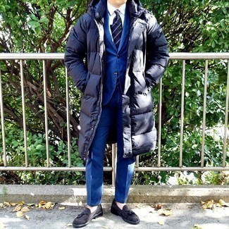 Navy Down 4 Bar Quilted Hooded Coat