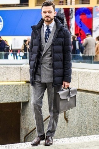 Grey Leather Briefcase Outfits: If you're looking for an edgy but also on-trend getup, rock a black puffer coat with a grey leather briefcase. Finishing off with a pair of dark brown leather loafers is the most effective way to introduce some extra fanciness to your getup.