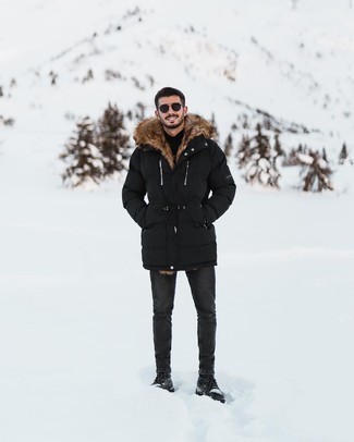 Work Boots Outfits For Men: If you'd like take your casual fashion game to a new height, choose a black puffer coat and charcoal jeans. Add work boots to the equation to keep the look fresh.