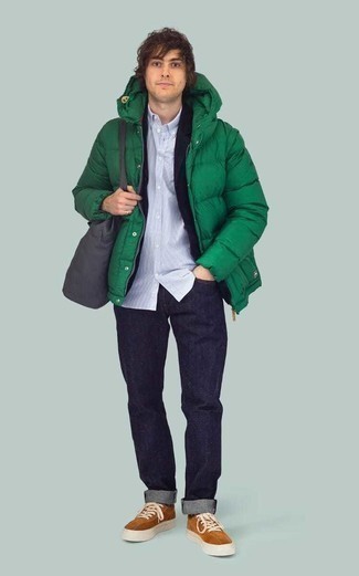 Charcoal Canvas Tote Bag Outfits For Men: Rock a green puffer jacket with a charcoal canvas tote bag to be both off-duty and comfortable. For a classier vibe, why not introduce a pair of orange suede low top sneakers to this outfit?
