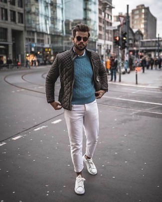 Men's Dark Brown Lightweight Puffer Jacket, Blue Cable Sweater, White Long Sleeve Shirt, White Jeans
