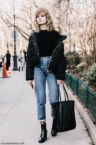 Black Leather Tote Bag Outfits: Consider wearing a black puffer jacket and a black leather tote bag if you're hunting for a look option that speaks off-duty chic. A pair of black leather ankle boots instantly classes up the look.