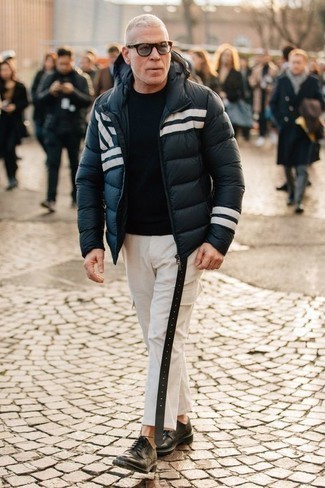 White Cargo Pants Outfits: Such must-haves as a navy and white puffer jacket and white cargo pants are an easy way to inject subtle dapperness into your day-to-day off-duty routine. Flaunt your sophisticated side by finishing off with black leather derby shoes.