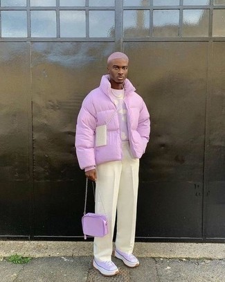 Purple Leather Messenger Bag Outfits: If you're all about feeling comfortable when it comes to menswear, this pairing of a pink puffer jacket and a purple leather messenger bag is just for you. Light violet canvas high top sneakers integrate smoothly within a myriad of looks.