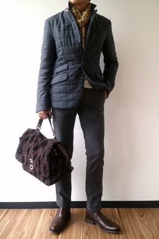 Men's Charcoal Puffer Jacket, Beige Crew-neck Sweater, Charcoal Chinos, Dark Brown Leather Chelsea Boots