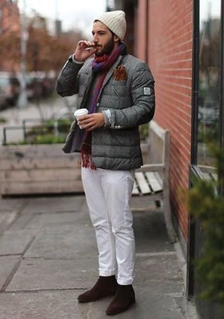 Grey Puffer Jacket Outfits For Men: As you can see, it doesn't take that much work for a man to look effortlessly sophisticated. Make a grey puffer jacket and white chinos your outfit choice and be sure you'll look incredibly stylish. Why not complete this look with a pair of dark brown suede loafers for an added dose of style?