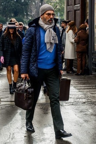 Blue Puffer Jacket Outfits For Men: For a look that's city-style-worthy and effortlessly neat, pair a blue puffer jacket with dark green chinos. Add black leather derby shoes to the mix to take things up a notch.