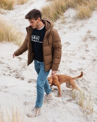 Men's Brown Puffer Jacket, Navy and White Print Crew-neck Sweater, White Crew-neck T-shirt, Blue Jeans