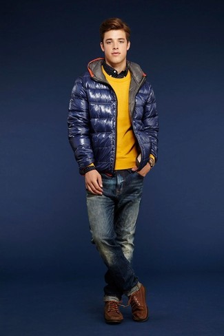 Mustard Crew-neck Sweater Outfits For Men: For functionality without the need to sacrifice on fashion, we turn to this combination of a mustard crew-neck sweater and navy jeans. To give your overall ensemble a more laid-back aesthetic, why not complete this ensemble with dark brown suede work boots?