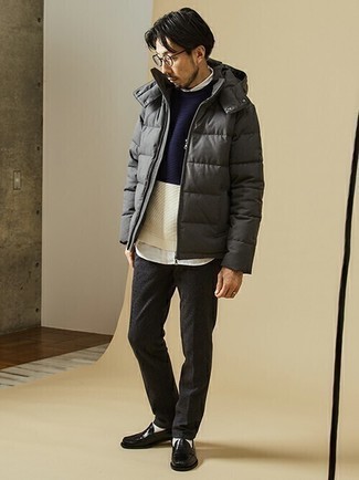Men's Charcoal Puffer Jacket, Navy and White Crew-neck Sweater, White Long Sleeve Shirt, Charcoal Chinos