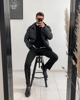 Grey Sunglasses Outfits For Men: Why not marry a black puffer jacket with grey sunglasses? As well as very practical, these two items look cool paired together. If you want to feel a bit fancier now, introduce a pair of black leather chelsea boots to the equation.