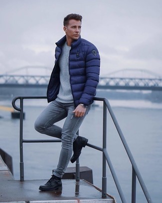 Charcoal Ripped Skinny Jeans Outfits For Men: Why not pair a navy puffer jacket with charcoal ripped skinny jeans? As well as very functional, both of these items look great paired together. Breathe a touch of refinement into this look by slipping into black leather casual boots.