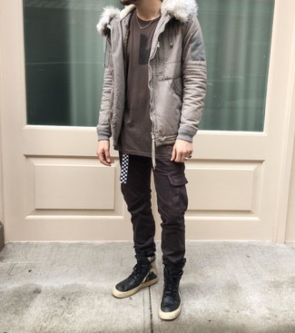 Men's Grey Puffer Jacket, Brown Print Crew-neck T-shirt, Dark Brown Cargo Pants, Black and White Leather High Top Sneakers