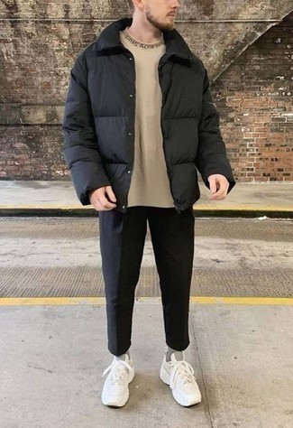 Athletic Shoes Outfits For Men: Wear a black puffer jacket and black chinos to achieve an effortlessly smart and modern-looking outfit. Up this whole ensemble by finishing off with athletic shoes.
