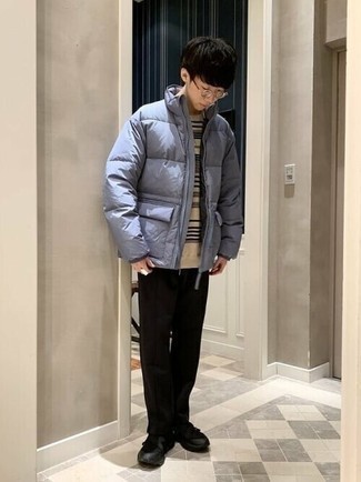 Aquamarine Puffer Jacket Outfits For Men: If the dress code calls for a classy yet neat getup, dress in an aquamarine puffer jacket and black chinos. For something more on the cool and casual side to complement your getup, complete your getup with black athletic shoes.