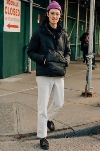White Chinos Outfits: A black puffer jacket and white chinos paired together are a perfect match. If you're clueless about how to finish off, a pair of black leather desert boots is a savvy idea.