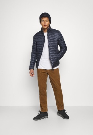 Men's Navy Lightweight Puffer Jacket, White Crew-neck T-shirt, Brown Jeans, Black Athletic Shoes