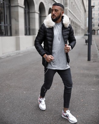 Grey Ripped Skinny Jeans Outfits For Men: A black puffer jacket and grey ripped skinny jeans are an easy way to introduce understated dapperness into your day-to-day casual routine. For something more on the daring side to finish your ensemble, introduce a pair of white and red and navy athletic shoes to the mix.