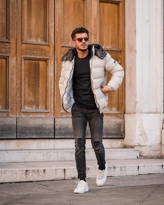 Men's Beige Puffer Jacket, Black Crew-neck T-shirt, Charcoal Ripped Skinny Jeans, White Leather Low Top Sneakers