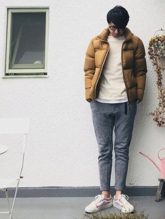 Grey Wool Chinos Outfits: For an ensemble that's city-style-worthy and casually neat, opt for a tan puffer jacket and grey wool chinos. Round off with beige print canvas low top sneakers to make a classic look feel suddenly edgier.