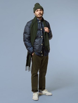 Men's Navy Puffer Jacket, Navy Denim Shirt, Olive Chinos, White and Navy Canvas Low Top Sneakers