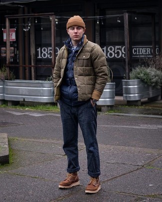 Blue Quilted Gilet Outfits For Men: This dapper look is super straightforward: a blue quilted gilet and navy chinos. Why not take a dressier approach with footwear and complete this look with brown leather casual boots?