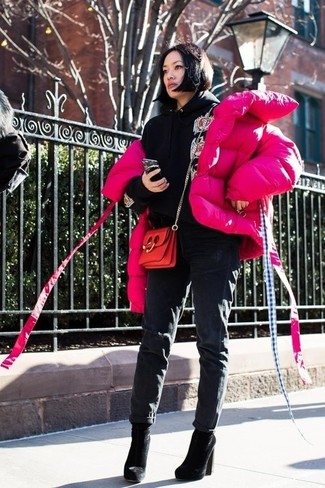 Women's Hot Pink Puffer Jacket, Black Print Hoodie, Charcoal Ripped Boyfriend Jeans, Black Suede Ankle Boots