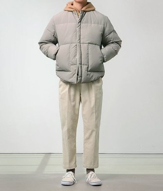 Men's Grey Puffer Jacket, Tan Hoodie, Beige Chinos, Beige Canvas Low Top Sneakers