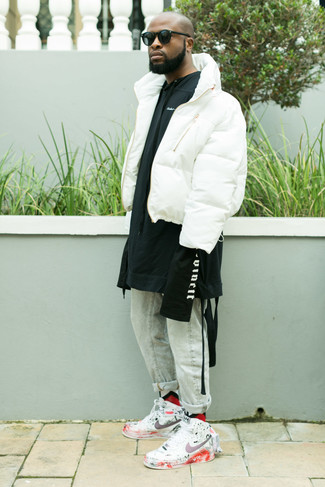 Men's White Puffer Jacket, Black and White Print Hoodie, Light Blue Jeans, White Print Leather High Top Sneakers