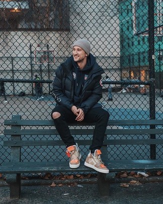 Grey Beanie Outfits For Men: Try pairing a black puffer jacket with a grey beanie for a modern casual getup that's easy to wear. Add tan leather high top sneakers to the mix and you're all done and looking killer.