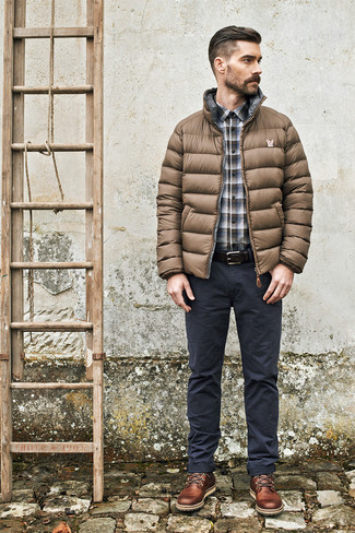 Dark Brown Puffer Jacket Outfits For Men: This classic and casual combo of a dark brown puffer jacket and charcoal chinos takes on different forms depending on the way you style it out. Complement this look with a pair of brown leather casual boots and the whole look will come together really well.