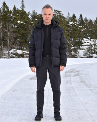 Men's Black Puffer Jacket, Black Polo, Charcoal Chinos, Black Canvas Snow Boots