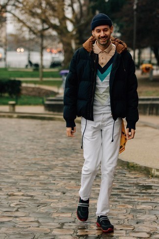 Blue Puffer Jacket Outfits For Men: A blue puffer jacket and white jeans are powerful players in any gent's wardrobe. For a more casual finish, why not introduce a pair of black athletic shoes to this look?