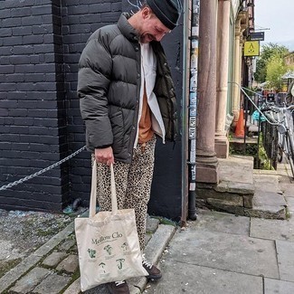 Beige Leopard Chinos Outfits: This pairing of a charcoal puffer jacket and beige leopard chinos comes to rescue when you need to look effortlessly smart but have no time. Why not take a more relaxed approach with footwear and complete this ensemble with dark brown suede low top sneakers?