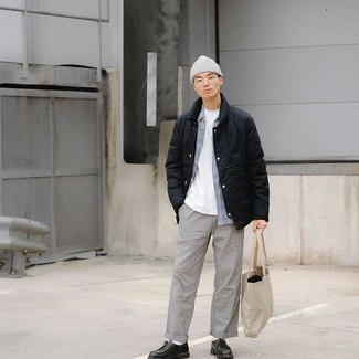 Grey Beanie Outfits For Men: For an on-trend ensemble without the need to sacrifice on comfort, we turn to this pairing of a black lightweight puffer jacket and a grey beanie. If you wish to immediately dial up your outfit with one piece, throw in a pair of black leather desert boots.
