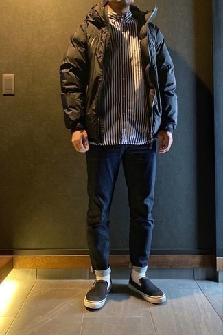 Black Canvas Slip-on Sneakers Outfits For Men: As you can see, it doesn't require that much effort for a man to look dapper. Consider pairing a black puffer jacket with navy jeans and be sure you'll look amazing. Give a more informal twist to this getup by rocking black canvas slip-on sneakers.