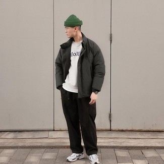 Green Beanie Outfits For Men: For a laid-back outfit, marry a dark green puffer jacket with a green beanie — these two pieces play perfectly well together. White and black athletic shoes pull the look together.