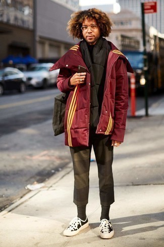 Black Quilted Scarf Outfits For Men: This pairing of a burgundy lightweight puffer jacket and a black quilted scarf is the perfect foundation for a ton of stylish getups. Finish off with black and white canvas low top sneakers to avoid looking too casual.