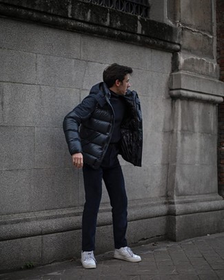Men's Navy Puffer Jacket, Navy Turtleneck, Navy Corduroy Chinos, White Leather Low Top Sneakers