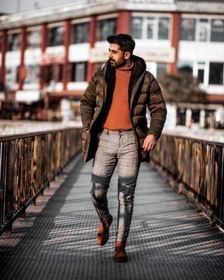 Tobacco Knit Turtleneck Outfits For Men: Wear a tobacco knit turtleneck and grey chinos to bring out the cool-kid in you. Our favorite of an infinite number of ways to round off this look is with a pair of tobacco suede chelsea boots.