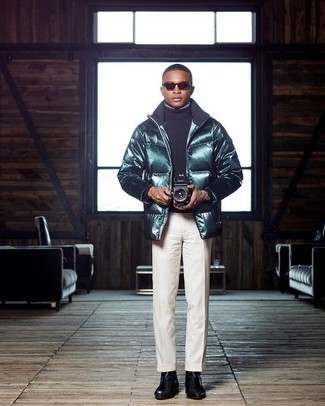 Teal Puffer Jacket Outfits For Men: For an ensemble that's classic and camera-worthy, opt for a teal puffer jacket and white dress pants. Feeling inventive? Switch up this ensemble by rocking black leather chelsea boots.