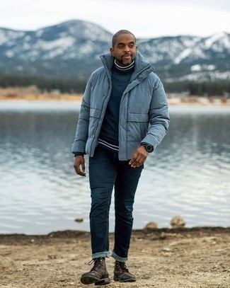 Light Blue Puffer Jacket Outfits For Men: For an effortlessly classy getup, consider teaming a light blue puffer jacket with navy jeans — these pieces work nicely together. Dark brown leather casual boots are a great option to complete your ensemble.