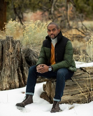 Puffer Jacket Outfits For Men: This ensemble with a puffer jacket and navy jeans isn't super hard to assemble and easy to change. When not sure about the footwear, go with a pair of dark brown leather casual boots.