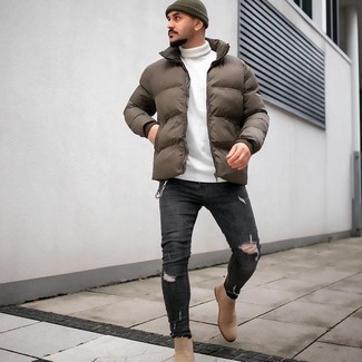 Men's Brown Puffer Jacket, White Turtleneck, Charcoal Ripped Skinny Jeans, Tan Suede Chelsea Boots